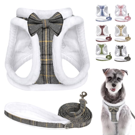 Pet Artist Plaid Cozy Warm Plush Dog Harness and Leash Set with Cute Bow Winter Pet Puppy Jacket Vest for Small Dogs