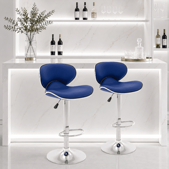 Adjustable Swivel Bar Stools Set of 2 , Modern PU Leather Upholstered Bar Chairs with Chrome Base for Kitchen Island, Dining Room, Pub, Counter(Blue)