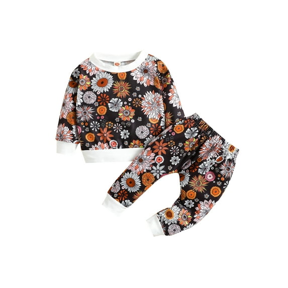 Seyurigaoka 2 Pcs Baby Girls Pants Set Crew Neck Long Sleeve Tops Cactus/Flower Print T-shirt with Elastic Waist Pants for 0-24M Toddler Kids