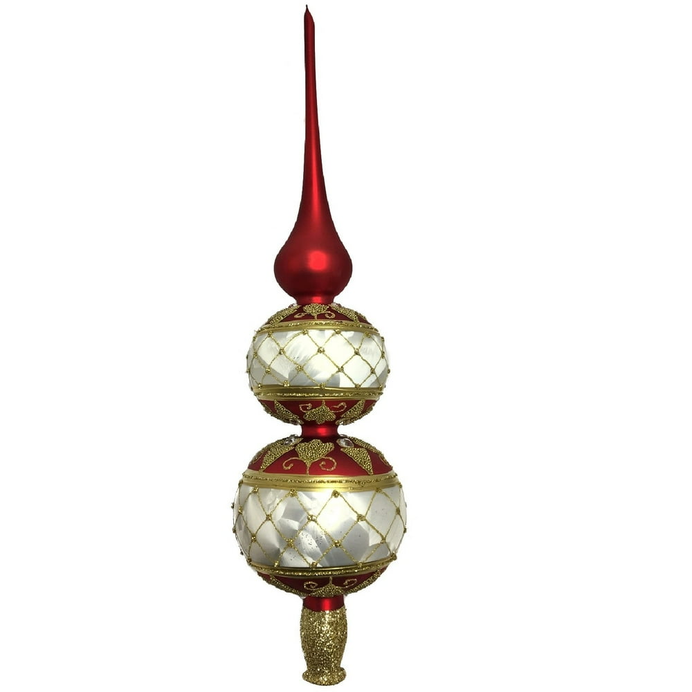 Red White and Gold Jeweled Polish Glass Christmas Tree Topper Made in