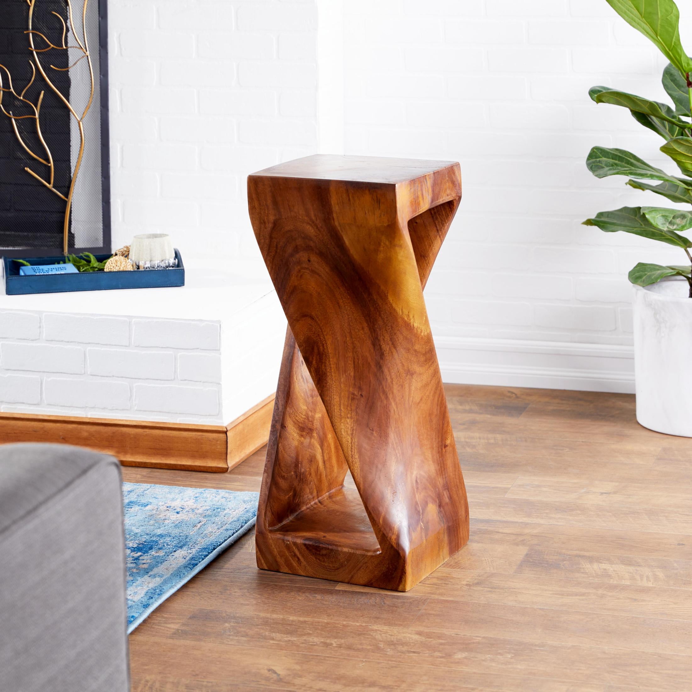 DecMode 12" x 30" Brown Suar Wood Handmade Geometric Accent Table with Spiral Base, 1-Piece