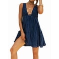 thumbnail image 2 of Robes d'Été Sans Manches à Col en V Profond à Volants Dos Nu pour Sorties Vacances Boho Mini Bleu Marine TG, 2 of 10