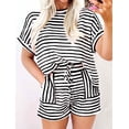 thumbnail image 4 of 2 Piece Sets for Women Summer Outfits Cute Stripe Knit T Shirts Shorts Matching Lounge Set Black XXL, 4 of 7