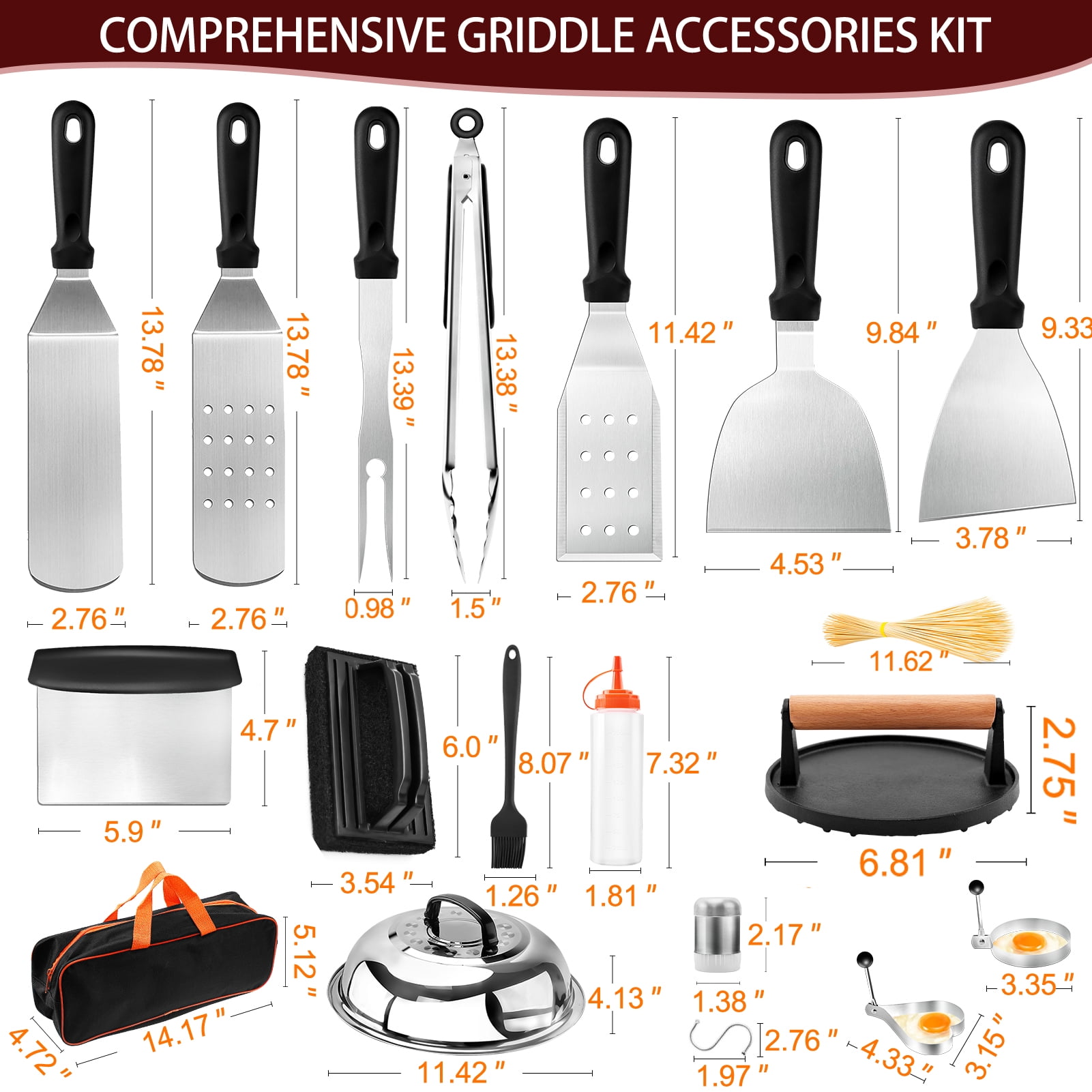 cyrico Griddle Accessories Kit, 126 Pcs Flat Top Grill Accessories for Blackstone and Camp Chef, Grill Spatula Set with Enlarged Spatulas, Basting Cover, Scraper, Burger Press, Carry Bag for Outdoor