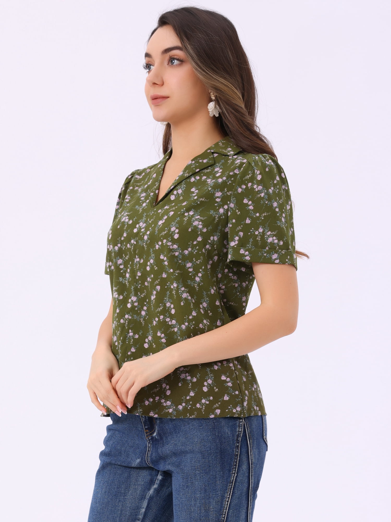 DARING DIVA Women's Short Sleeve V Neck Notch Lapel Collar Shirt S Olive Green