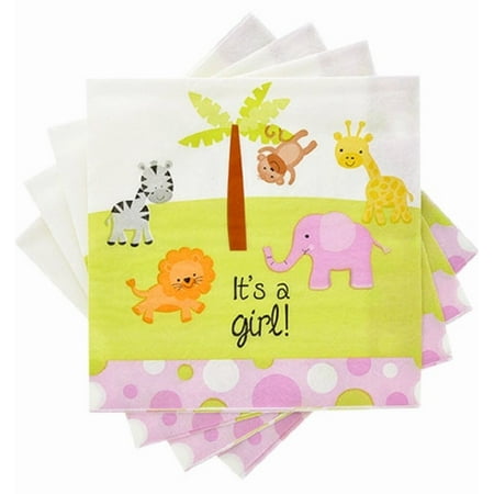 Greenbrier Pink Paper Luncheon Napkins, Baby Jungle Animals, It's a Girl! 20 ct
