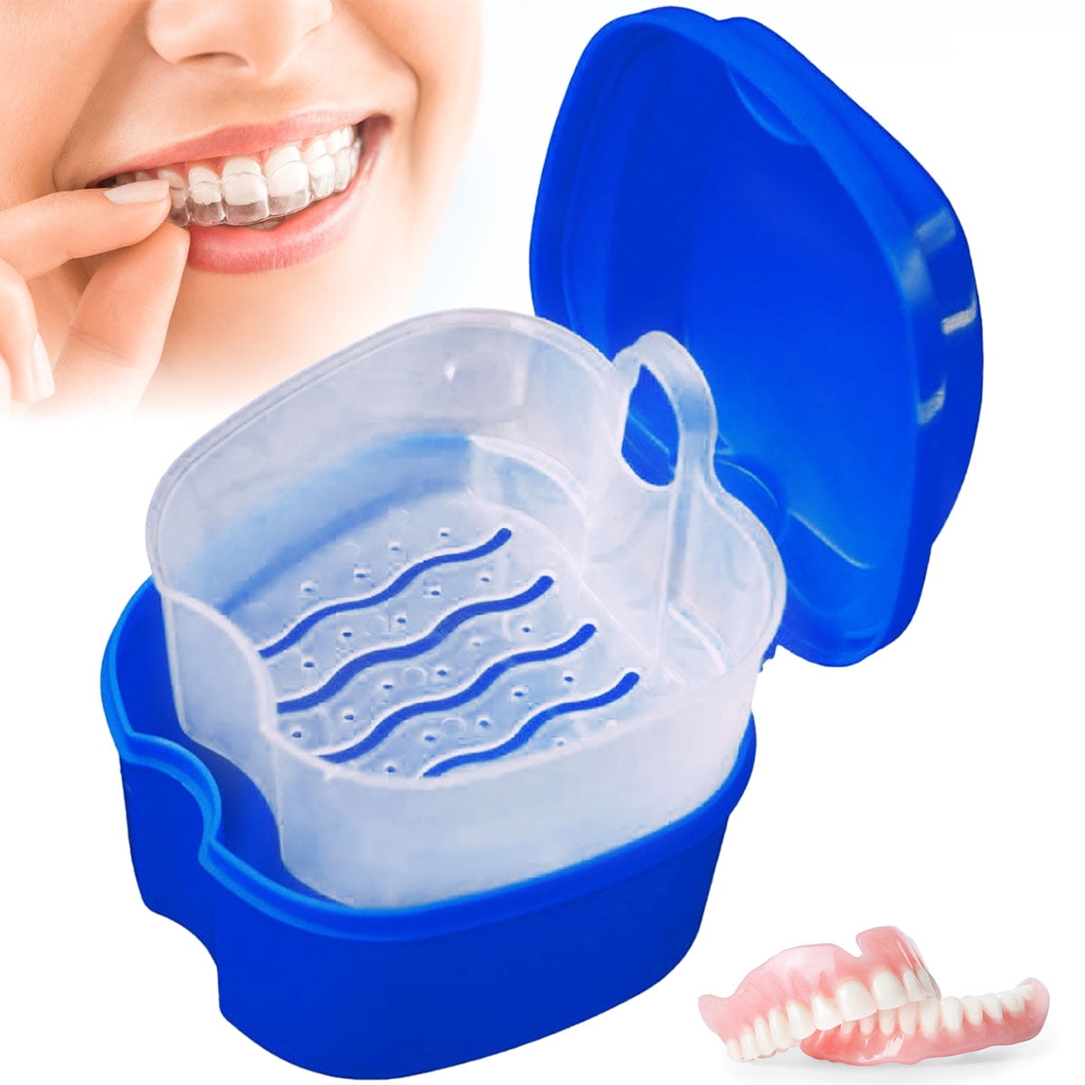 Denture Case Denture Bath Box False Teeth Storage Box with Rinsing Basket Portable False Teeth