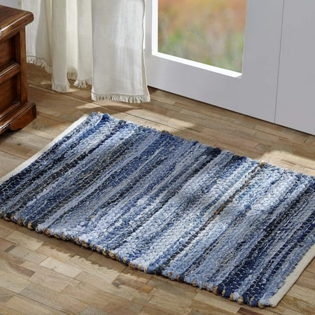 Natural Hemp Rug - Denim Blue Farmhouse Flooring Natural Hemp and Blue Denim Cotton Denim Rectangle Accent Rug