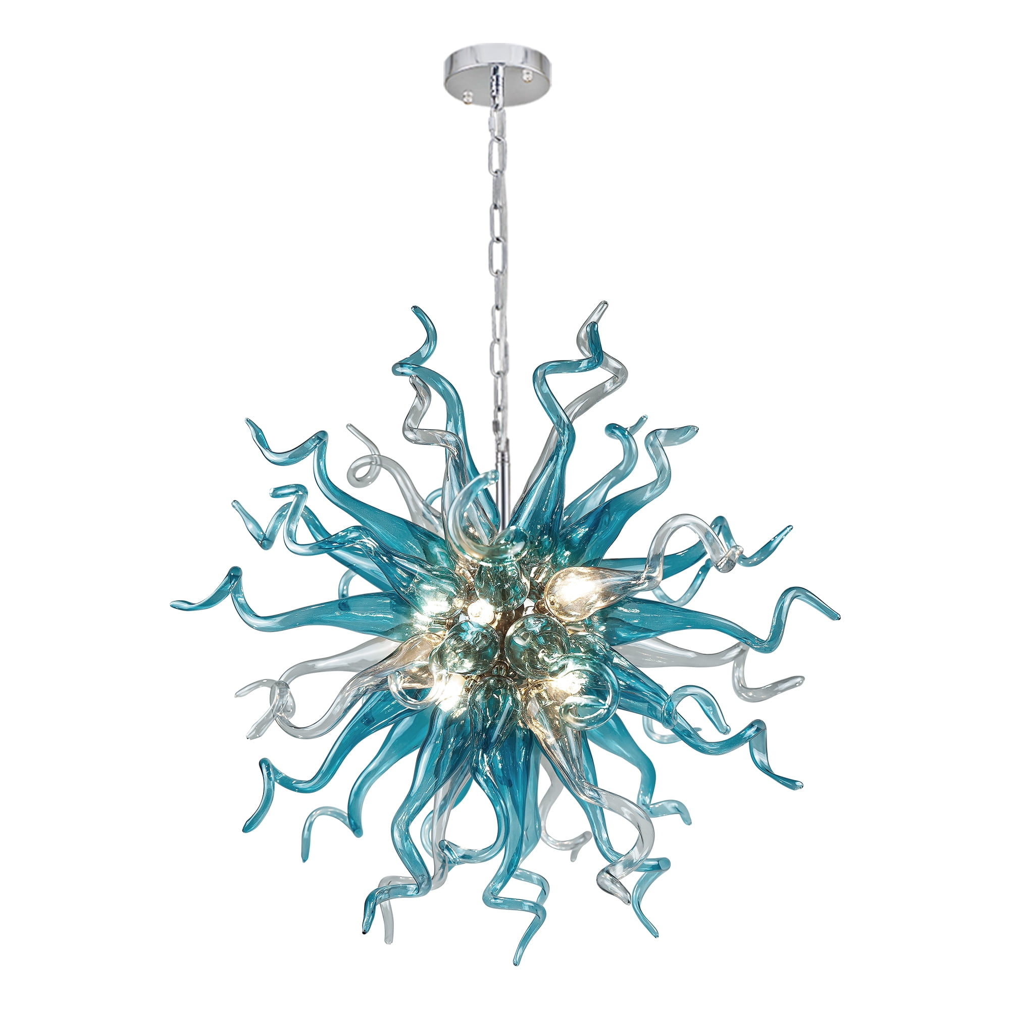 Longree Modern Adjustable Height 6-Light LED Chandelier, Blue Blown Glass Pendant Lights-28"Dia