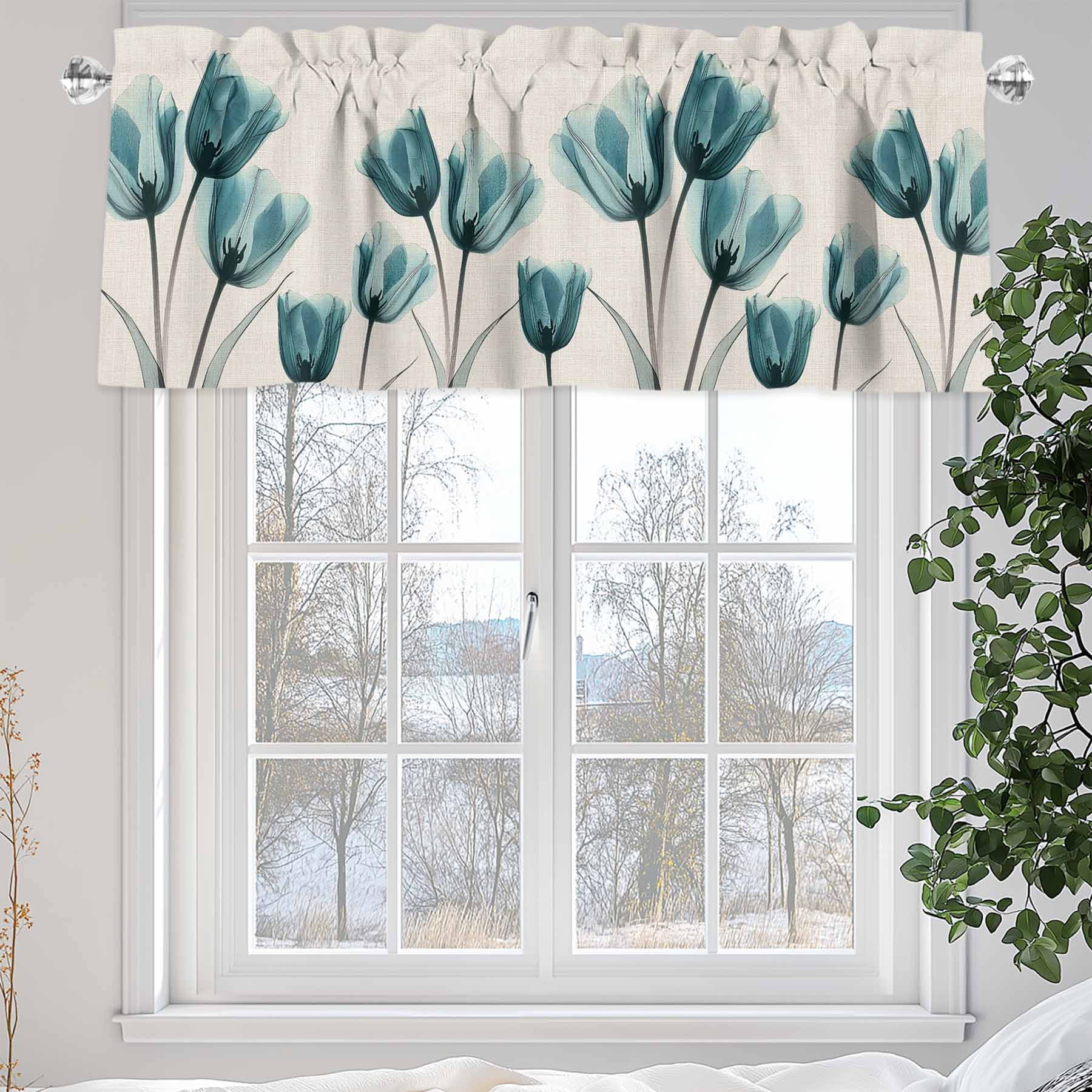 Teal Tulip Valances for Windows, 54 x 18in, Minimalist Modern Flower Art Linen Background Rod Pocket Kitchen Valance Curtain Light Filtering Window Treatments for Living Room Bedroom, 1 Panel