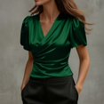 thumbnail image 2 of Sillenn Women's Satin V-Neck Blouse Puff Short Sleeve Wrap Front Ruched Waist Top Silky Slim Fit Elegant Satin Silk Shirt Dressy Casual Office Work Tops Trendy Going Out Cropped Blouses Green M, 2 of 7