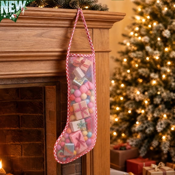 Mesh Christmas Stocking,Checked Trim Hanging Xmas Sock Ornament,Lightweight Gift Sack for Holiday Party Candy Small Gift Holding Decoration