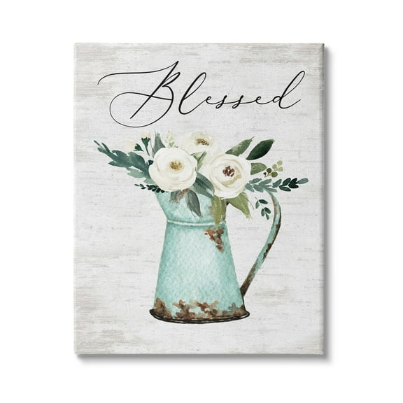 Blessed Phrase Vintage Farm Can White Flower Bouquet 16 in x 20 in Painting Canvas Art Print, by Stupell Home Décor