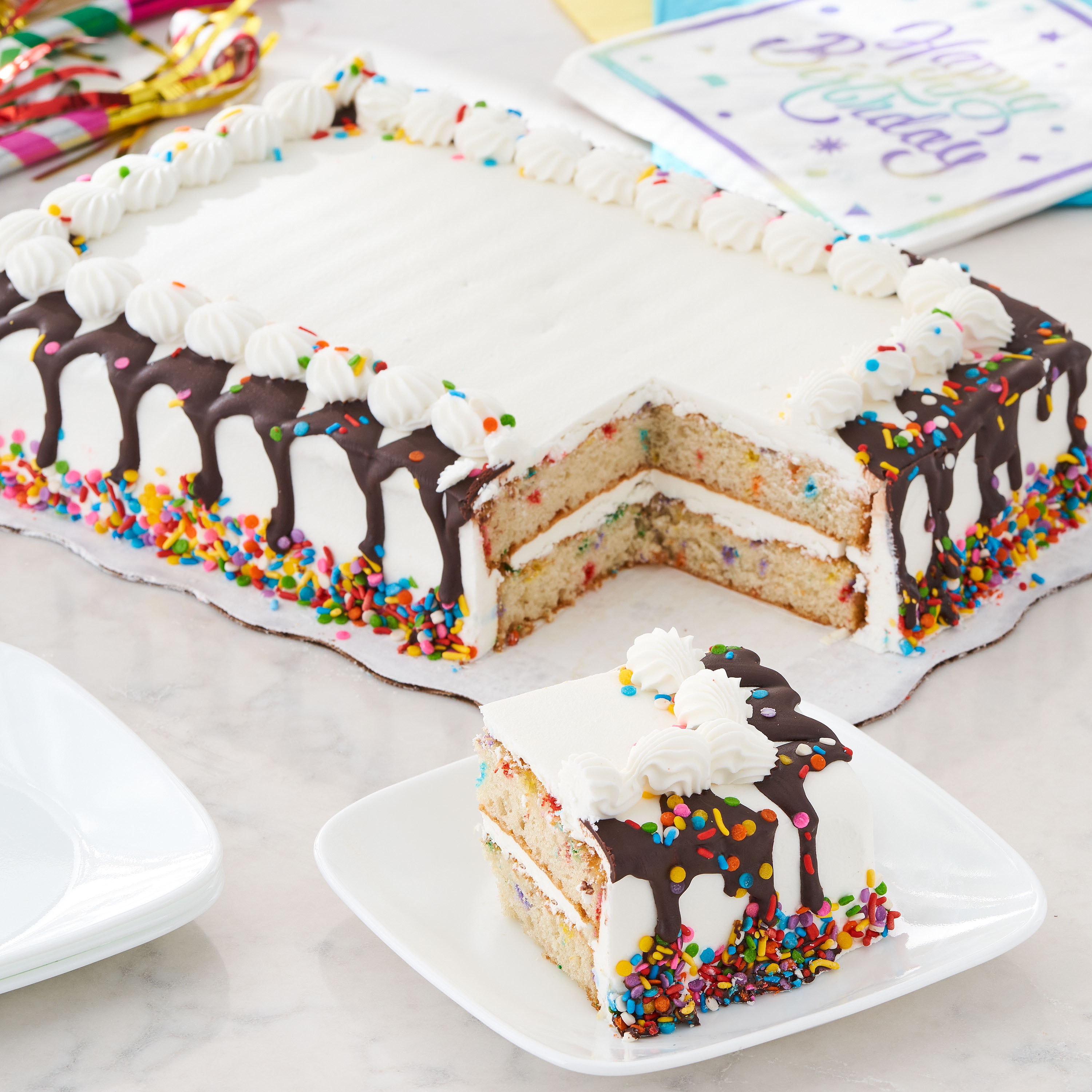 Freshness Guaranteed 1/4 Sheet Confetti Drip Cake, 65 oz (Regular, Refrigerate)