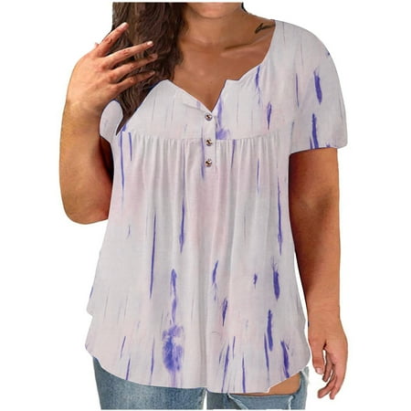 

Women Plus Size V-neck Tie-dye Print Button Short Sleeve Tops T-Shirt Blouse