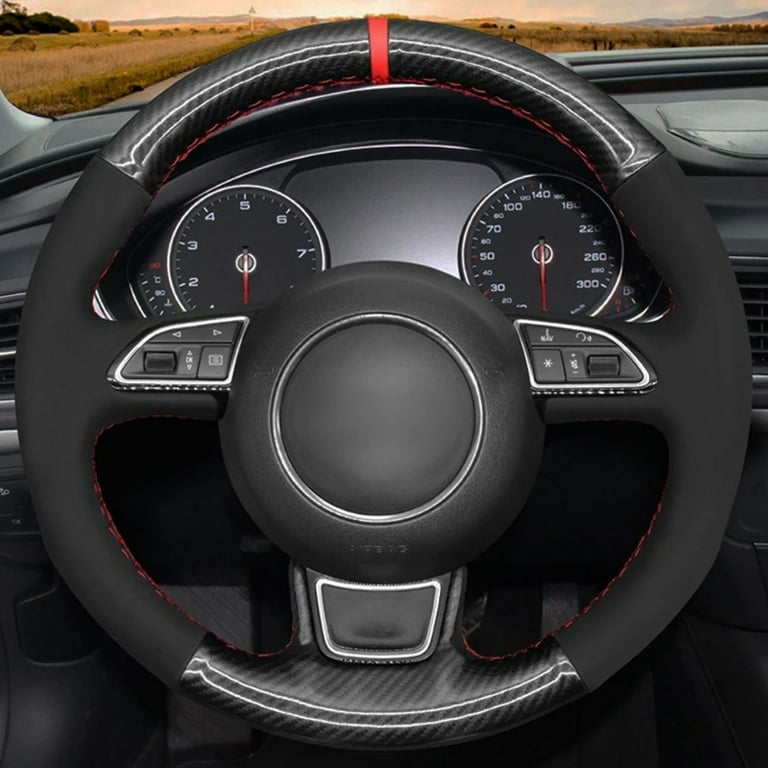 Car Steering Wheel Cover Black Carbon Fiber Suede For Audi
