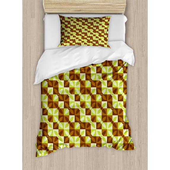 Retro Duvet Cover Set Twin Size, Geometric Blossoms in Bi-color Design Nature Elements Squares Layout, Decorative 2 Piece Bedding Set with 1 Pillow Sham, Yellow Green and Chocolate, by Ambesonne