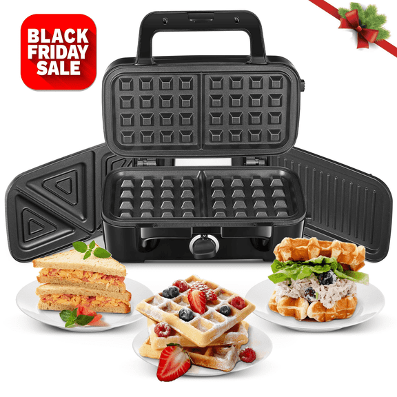 3 in 1 Sandwich Maker, 1200W Waffle Maker, Panini Press Grill, With 5-gear Temperature Control and Removable Plates ,Nonstick Surface, Black