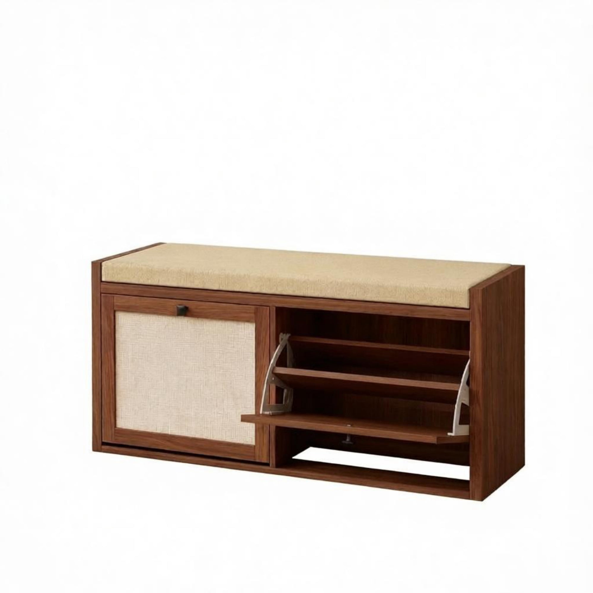 Entryway Shoe Storage Bench, Padded Seat with 2 Rattan Doors for Hidden Shoe Storage, Brown