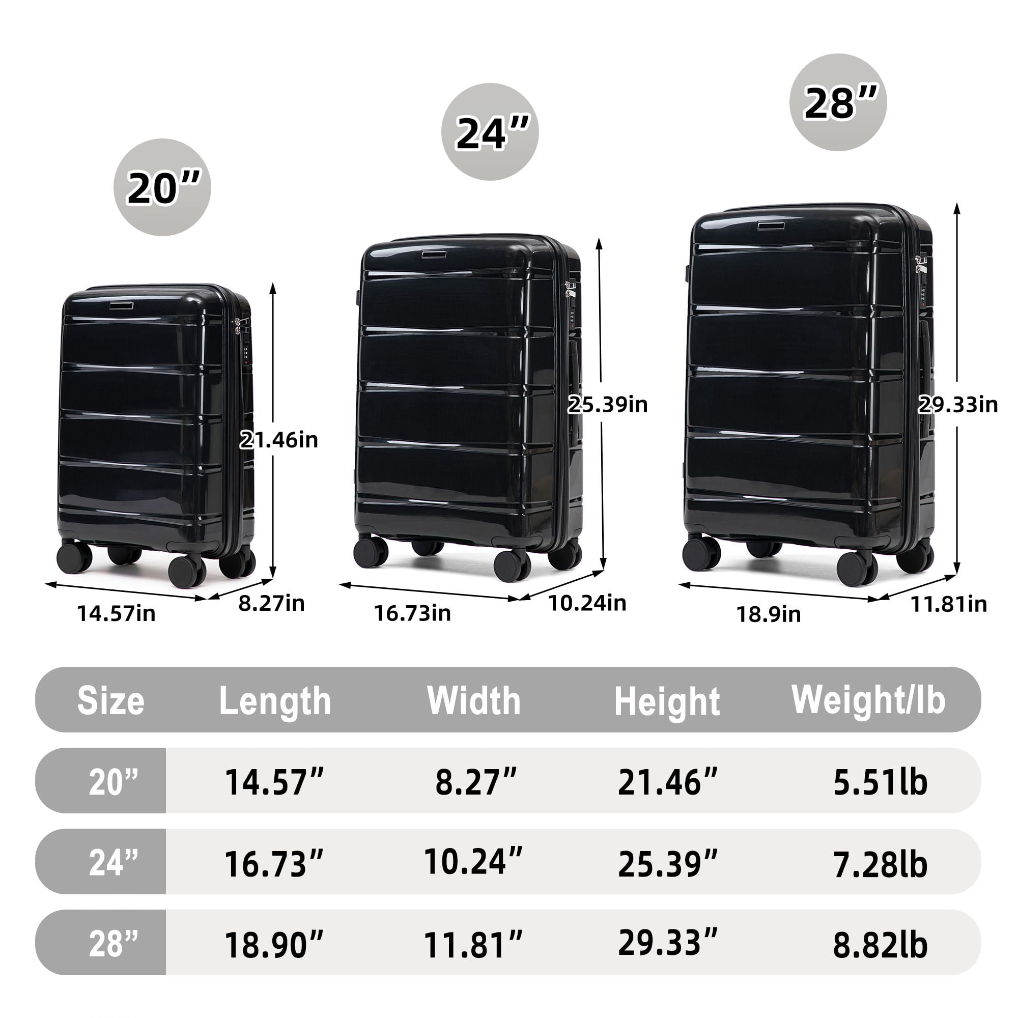 Alvantor 3 Piece Hardshell Luggage Set PP Hardside Suitcase with Iron Telescopic Handle Side Hook 20"24"28"(Black)
