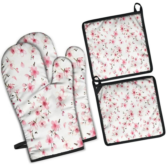 Pioneer Flower Floral Print Pattern Kitchen Oven Mitt and Pot Holder Sets 2 Pcs for Baking, Cooking and Grilling, Heat Resistant Up To 392 °F