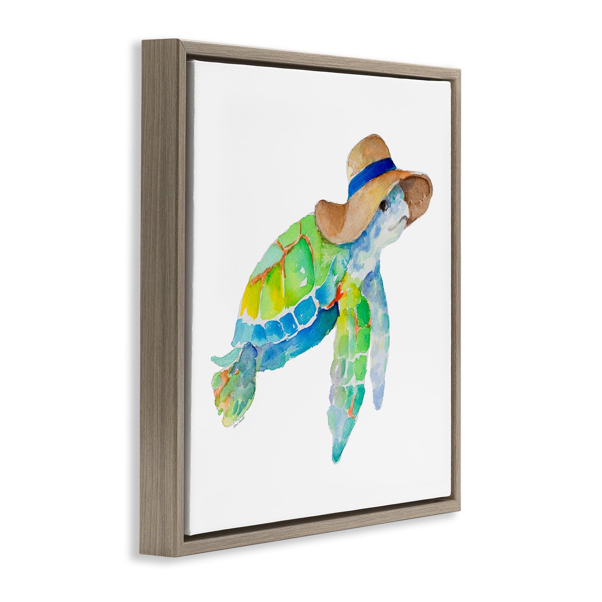 Stupell Industries Beach Ready Turtle Novelty Painting Brown Floater Framed Canvas Art Print Wall Art, 18 x 18