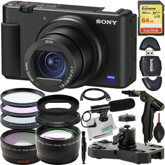 Sony ZV-1 Digital Camera (Black) with Advanced Accessory Bundle: SanDisk 64GB Extreme SDXC, Adapter Ring for ZV-1, 3PC UV Filter Kit, Mini Camera Dolly & More (21pc Bundle)