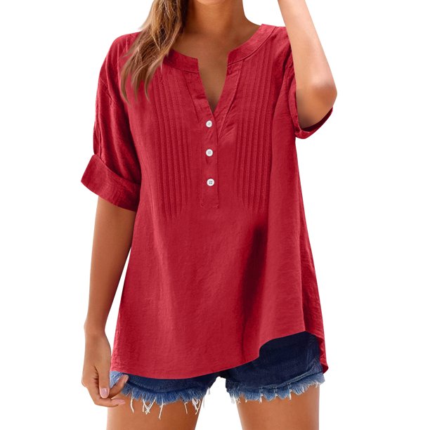 Sudadera con capucha para mujer,Blusa de manga corta con cuello en V para mujer, camisa informal holgada con botones, mezcla de algodón y lino, ligera y cómoda para el verano, sopatenor