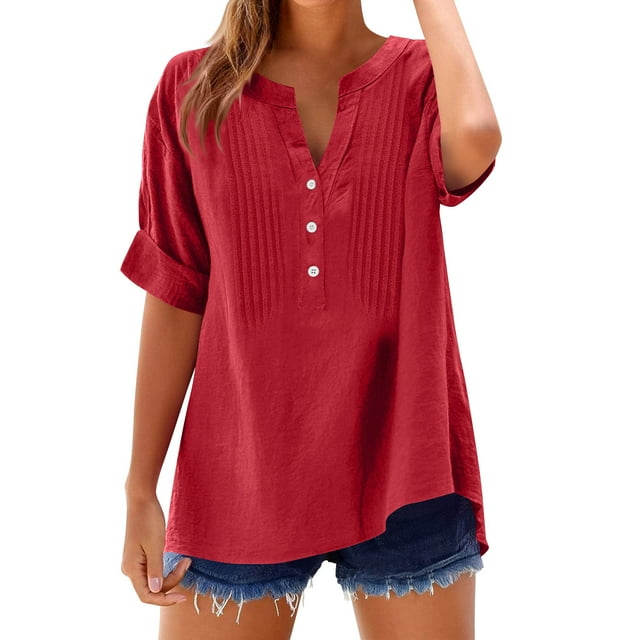 Camiseta sin mangas para mujer,Blusa de manga corta con cuello en V para mujer, camisa informal holgada con botones, mezcla de algodón y lino, ligera y cómoda para el verano, sopatenor
