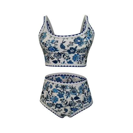 ZQGJB Summer Women s Bikini Sets Vintage Floral Print Whip Stitch 2 Piece Swimsuits High Waisted Scoop Bathing Suits(Blue L)