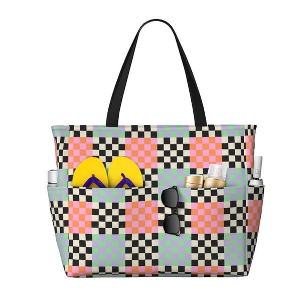 Fotbe Colorful Checkered Bolsa de Viaje para Playa - Resistente al Agua, Bolsa Tote de Gran Capacidad y Ligera con 7 Bolsillos para Mujeres y Hombres