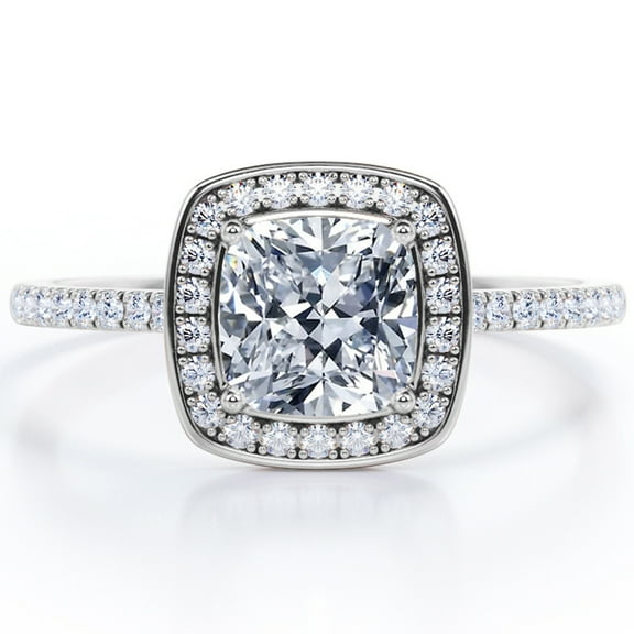 JeenMata Channel Halo - 1.75 Carat Cushion Cut Moissanite - 4 Prong Set - Pave Engagement Ring - 18K White Gold Plating Over Silver