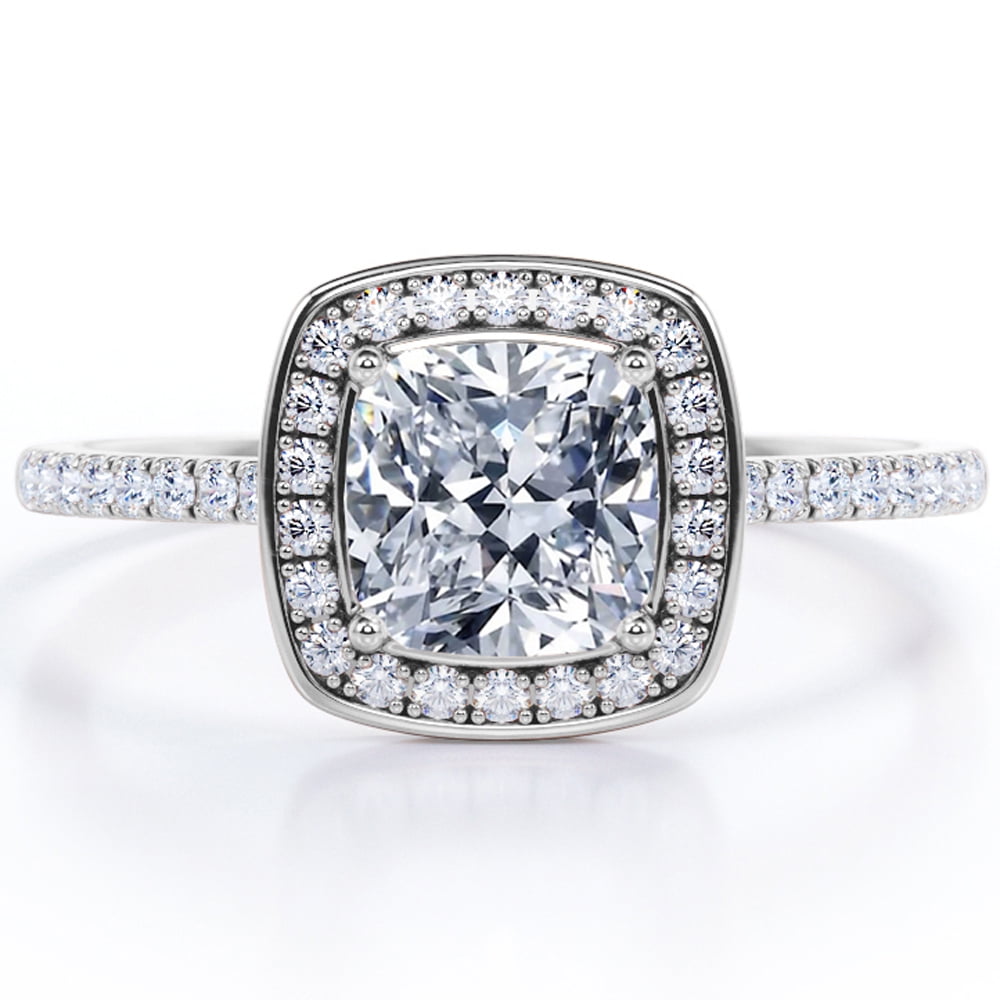 JeenMata Channel Halo - 1.75 Carat Cushion Cut Moissanite - 4 Prong Set - Pave Engagement Ring - 18K White Gold Plating Over Silver