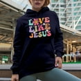 thumbnail image 2 of Love Like Jesus, Loving Unconditionally Like Christ Quote, Groovy Retro Wavy Text Merch Gift, Navy Blue Hooded Sweatshirt or Hoodie, 3XL, 2 of 5