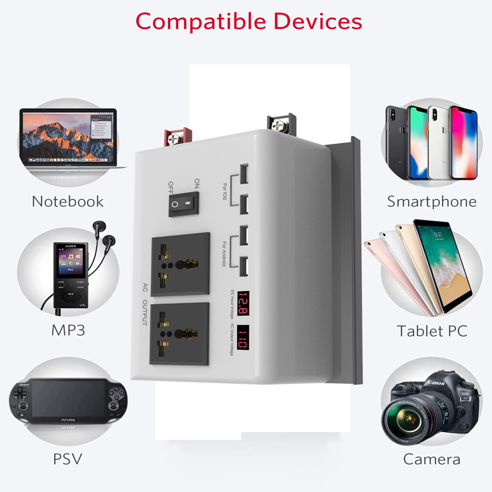 Power Inverter 300W 12V DC to 120V/110V AC with USB Charging Ports and 2 AC Outlets