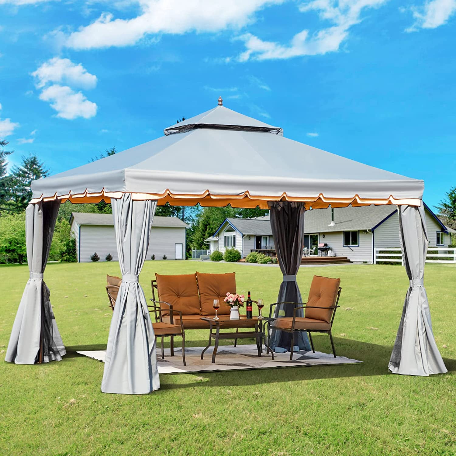 Yoleny 10' x 12' Outdoor Gazebo, Double Roof, Steel Frame with Netting