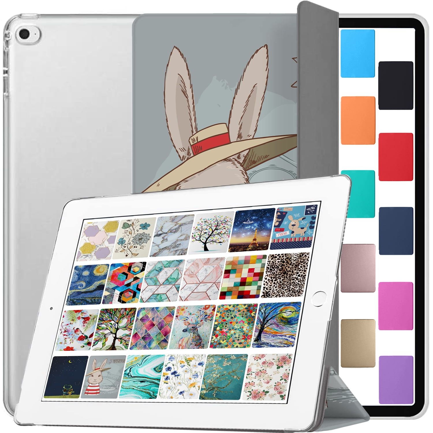 iPad Air 1st 2nd 9.7 5th 6th Inch [ Air 1 2 iPad 5 6 ] A1474 A1475 A1476 MD785LL/A MD788LL/A MD786LL/A MD789LL/A MD787LL/A MD790LL/A Printed iPad Cover with Translucent Frosted Hard Back - Bunny Hat