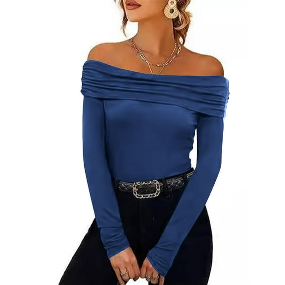 Aloohaidyvio Off The Shoulder Tops for Women No Boundaries Double Lined Long Sleeve T Shirts Slim Fitted Stretchy Crop Top