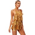 thumbnail image 4 of iEFiEL Womens Shiny Sequins Latin Dancewear Halter Unitard Modern Jazz Performance Romper Dance Costume Gold One Size, 4 of 7