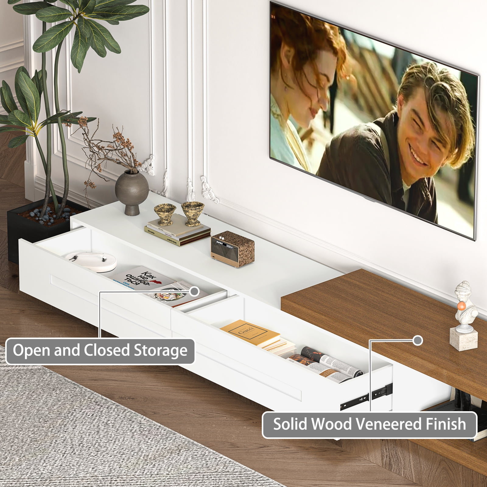 JassmiPkwy ExtendablJassmiPkwy e TV Stand for 120 Inch TV, Wood Modern Entertainment Center with 2 Drawer, White