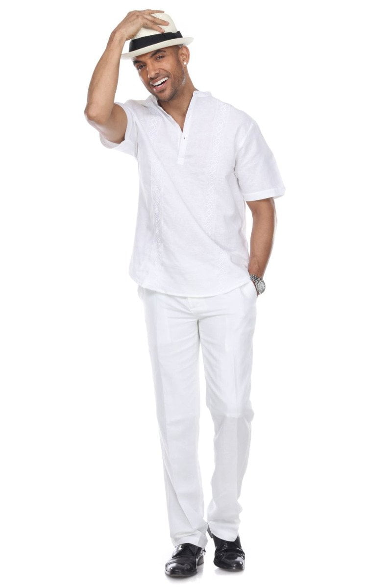 Men's Casual Resort Wear Embroidered Linen Mandarin Collar Short Sleeve  Shirt - Walmart.com