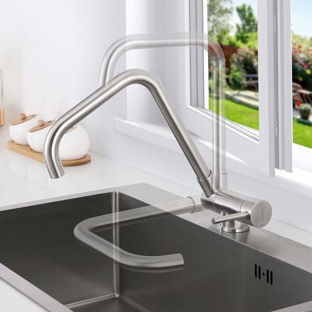 Grifo de cocina de acero inoxidable, mezclador de agua fría y caliente, giratorio de 360°, para 1 fregadero y 2 fregaderos, con canal de agua sin plomo y tubería PEX de grado alimenticio (cartucho de