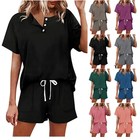 

Summer Savings Clearance Pajama Shorts Wenini Pajama Shorts for Women Women Casual Solid Short Sleeve Button Tops Nightwear Shorts Sleepwear Sets Shorts Pajama Set Black XL
