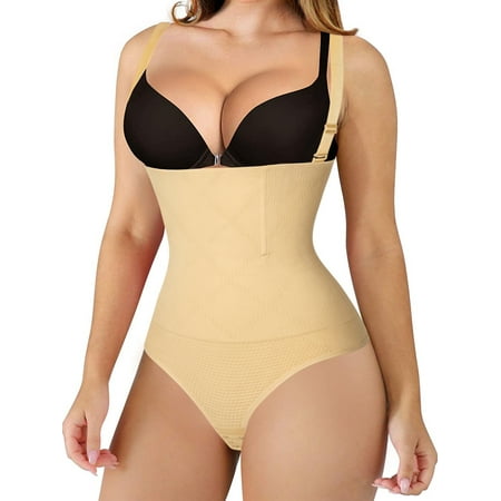 FITVALEN Women Thong Bodysuit Shapewear Tummy Control Panty Faja Open Bust Body Shaper