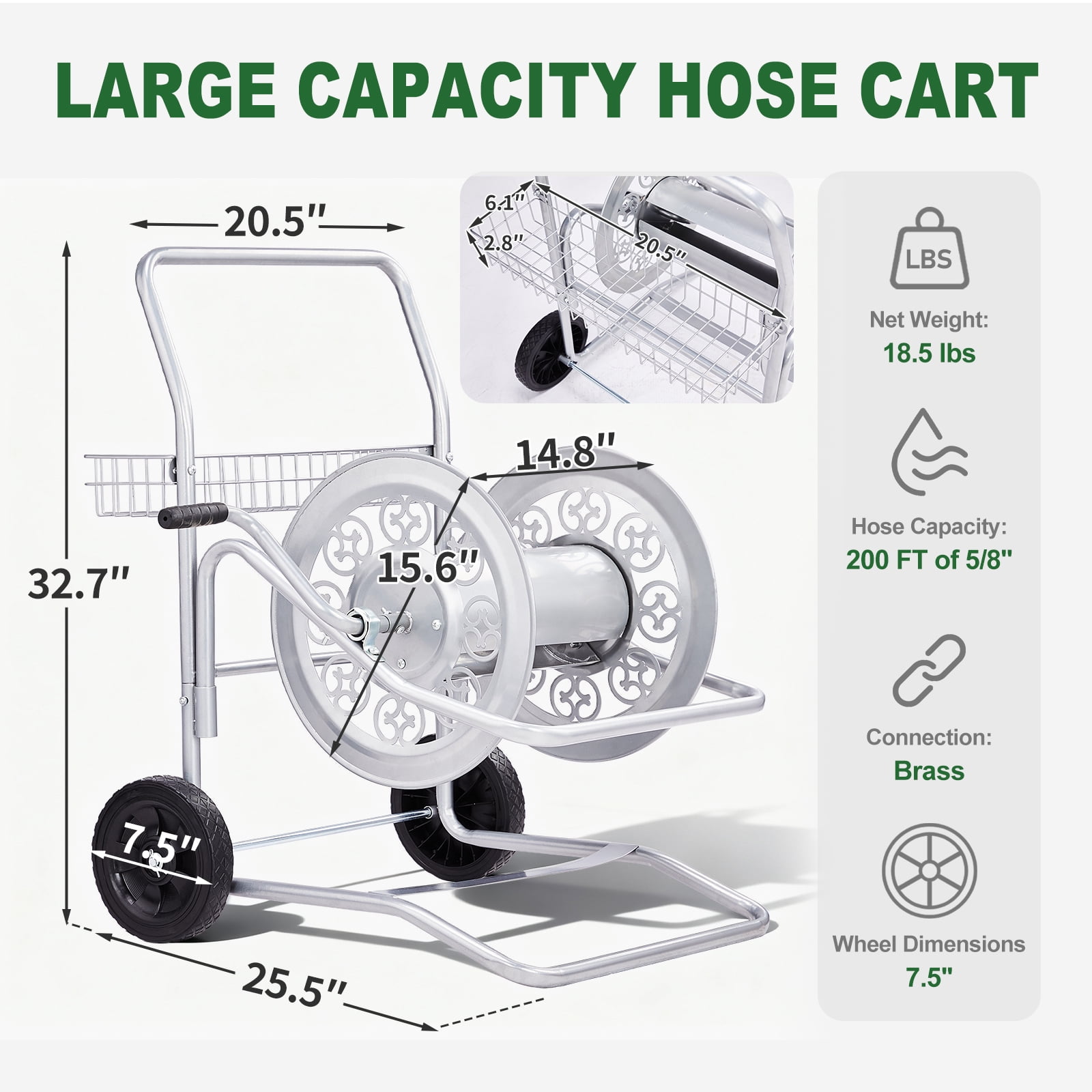UBesGoo Silver Hose Reel Cart, 200FT Capacity Heavy Duty Steel Frame with Wheels & Easy-Wind Handle
