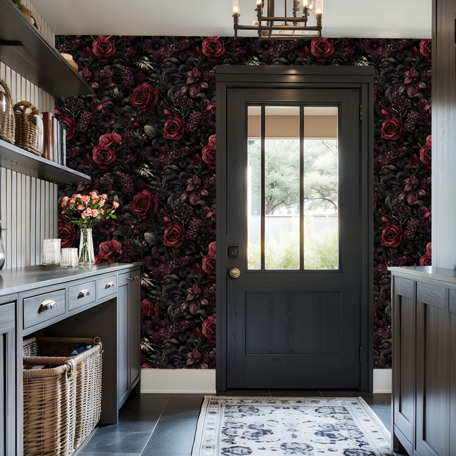Peel and Stick Wallpaper Deep Burgundy Roses Dark Floral Black Wall Mural 17.7in x 9.8ft Self Adhesive Removable Wall Paper Renter Friendly Wallpaper for Nursery Bedroom Cabinets
