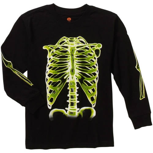 Halloween Long Sleeve T-shirt Black w/ Glow In Dark Skeleton Kids XS 4/5 NEW 