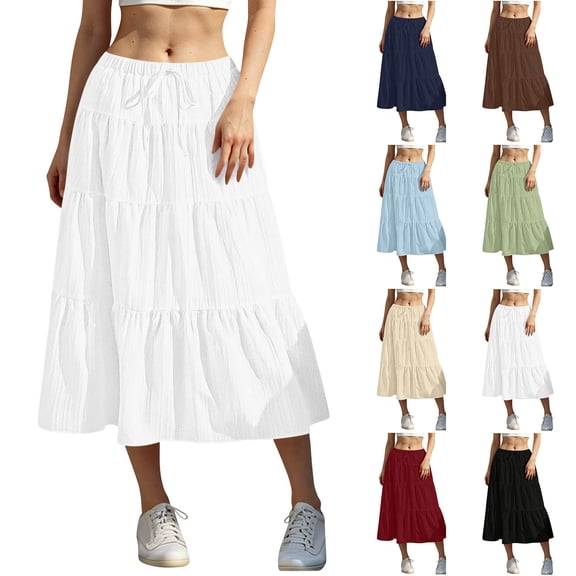 Bovxnpu Women's Boho Midi Skirt A-Line Flowy Skirts Summer Casual High Waisted Drawstring Ruffle Midi Skirts