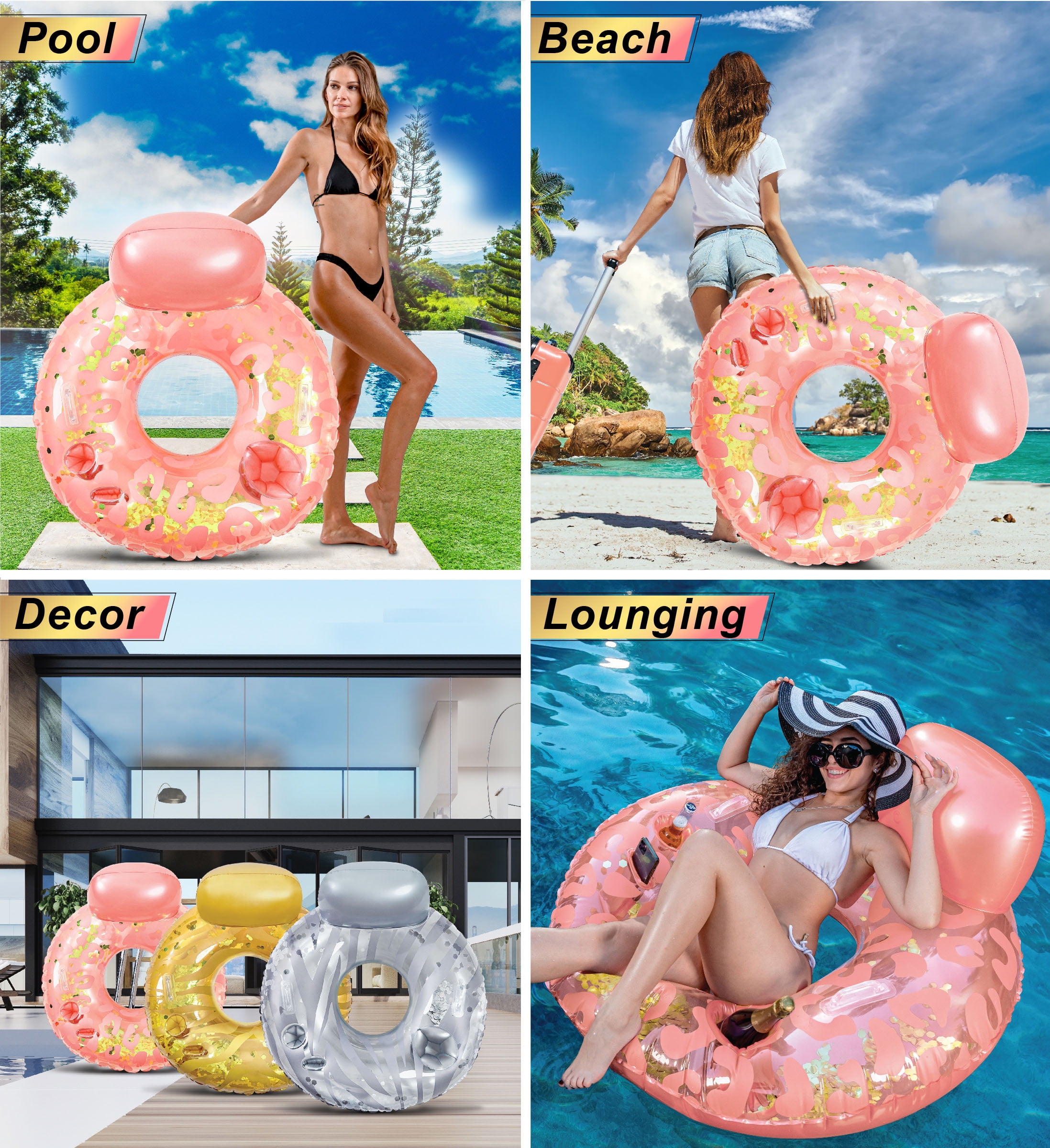 POZA Luxury Inflatable Lounge Pool Float with Back Rest - Inflatable Pool Chair Float for Adults Filled with Sparkle Confetti, Built-in Phone Holder, Cup Holders and Handles, 42 Inches - Rose Gold