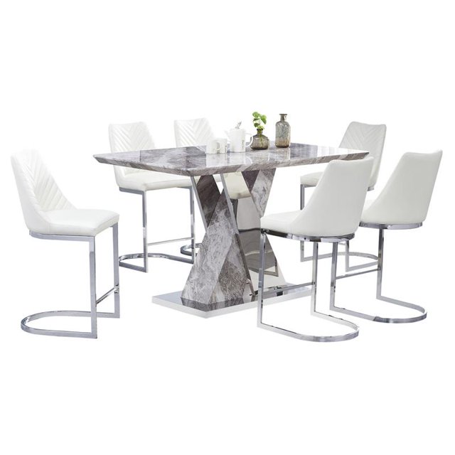 7 Piece White Faux Marble Silver Stainless Steel Dining Set in Counterheight